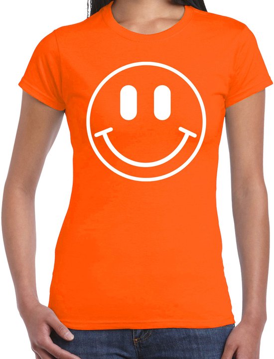 Bellatio Decorations Verkleed shirt dames - smiley - oranje - carnaval - foute party - feestkleding XL