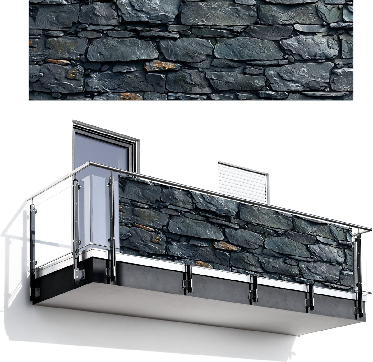 Balkonscherm 300x95 cm - Balkonposter Stenen - Steenoptiek - Antraciet - Grijs - Balkon scherm decoratie - Balkonschermen - Balkondoek zonnescherm
