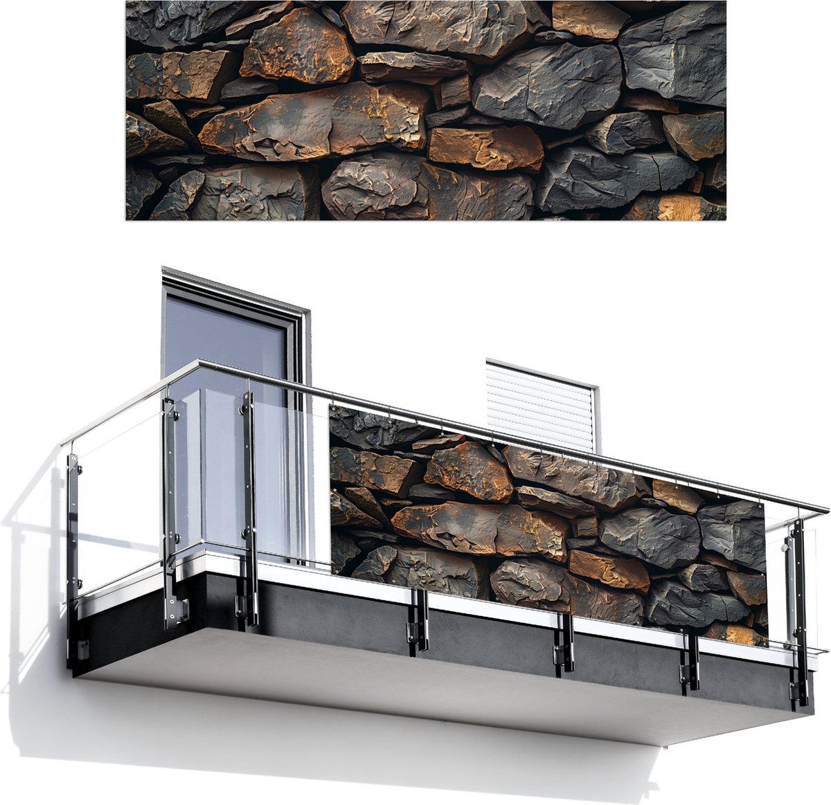 Balkonscherm 300x110 cm - Balkonposter Steenoptiek - Grijs - Bruin - Antraciet - Balkon scherm decoratie - Balkonschermen - Balkondoek zonnescherm