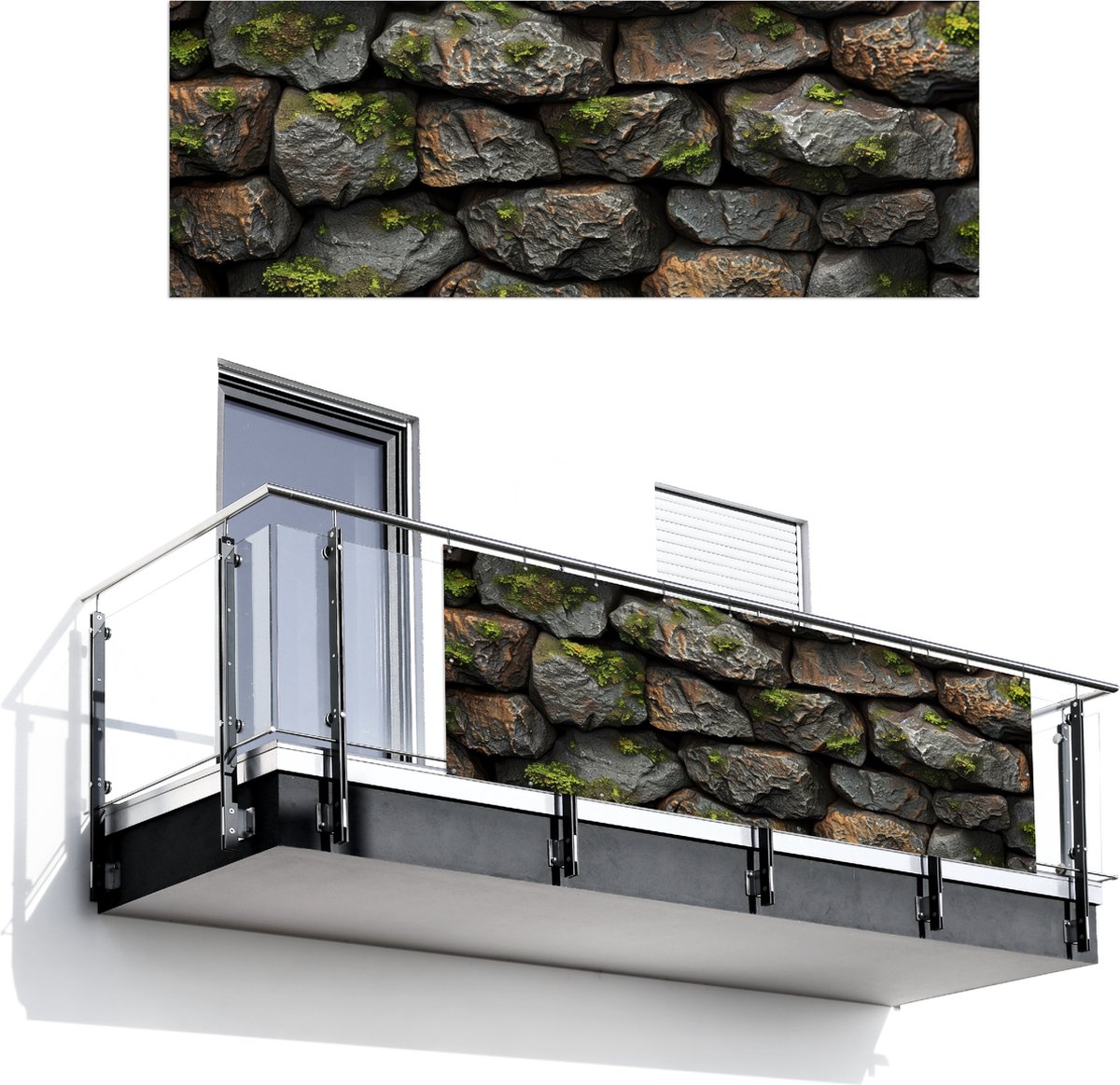 Balkonscherm 300x110 cm - Balkonposter Stenen - Mos - Grijs - Groen - Balkon scherm decoratie - Balkonschermen - Balkondoek zonnescherm