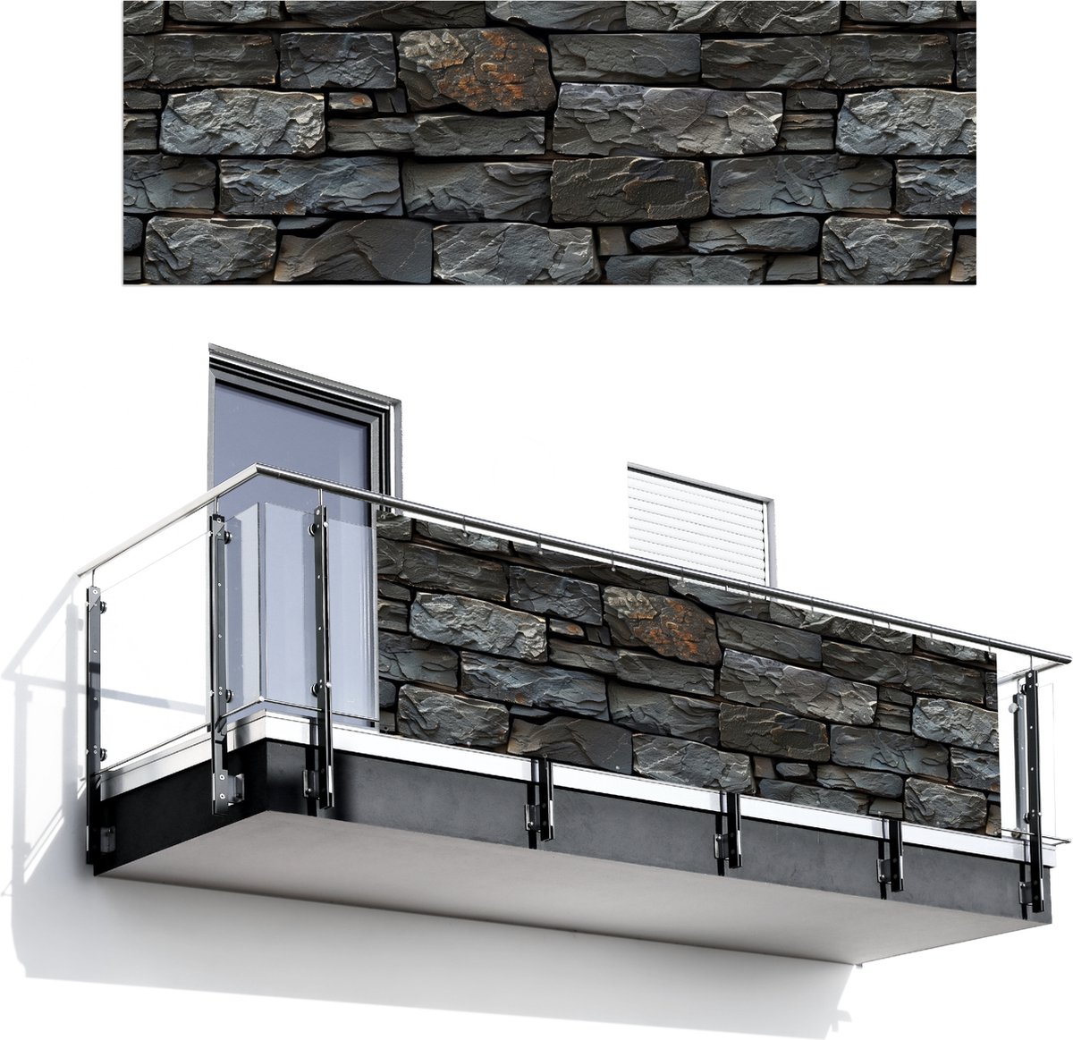 Balkonscherm 300x100 cm - Balkonposter Steenlook - Antraciet - Grijs - Balkon scherm decoratie - Balkonschermen - Balkondoek zonnescherm