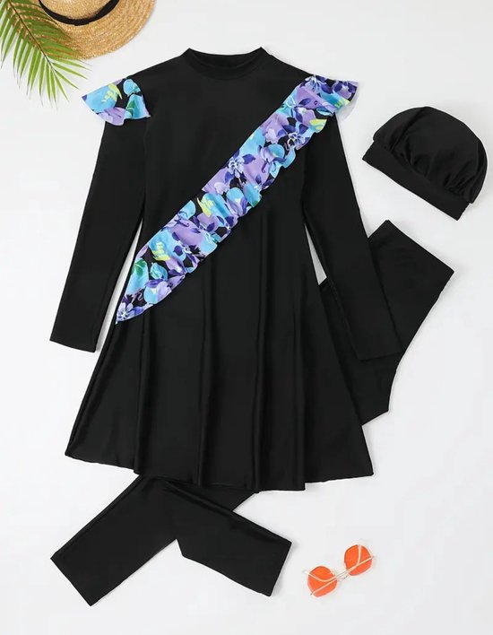 Prachtige sexy elegante corrigerende 3 delige lange badpak set zwart boerkini burkini met gekleurde ruffle schouders incl. hoofdmuts maat XL