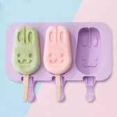 IBBO Shop - IJsvormpje konijn met 50 ijsstokjes - Ijsjes Vormen - Siliconen - BPA Vrij - IJsjes vormen - IJslolly vormen - 3 stuks - Pastel paars - Fruitijs - Yoghurt ijs - ijslolly - Ijsjes - Paars