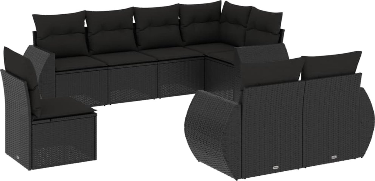 vidaXL 8-delige - Loungeset - met - kussens - poly - rattan - zwart