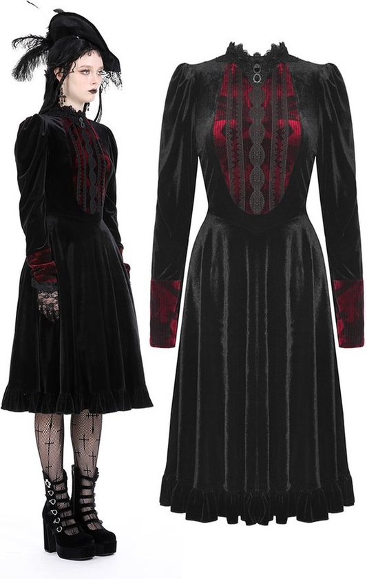 Dark in Love - Gothic vampire spelling out scarlet red velvet Korte jurk - XL - Zwart/Rood