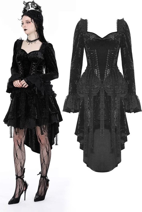 Dark in Love - Gothic retro tasseled dovetail velvet High low jurk - Zwart