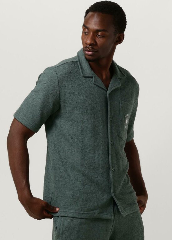 PURE PATH Structured Shortsleeve Shirt With Chest Pocket And Embroidery Heren - Vrijetijds blouse - Groen - Maat XL