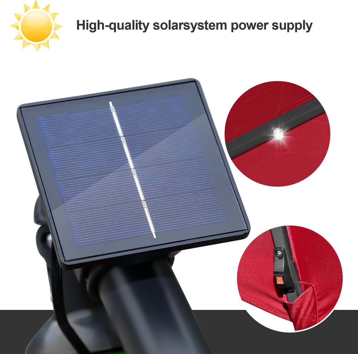 Zweefparasol - Strandparasols - Balkonparasols - Solar LED parasol Waterdicht - Parasol - Parasols - Ø 300cm - 3m - Tuinparasol - Zonne-energie - Rood- Draai- en Kantelbaar - 360° draaibaar - Duurzame Zweefparasol - Met voet – foto 6