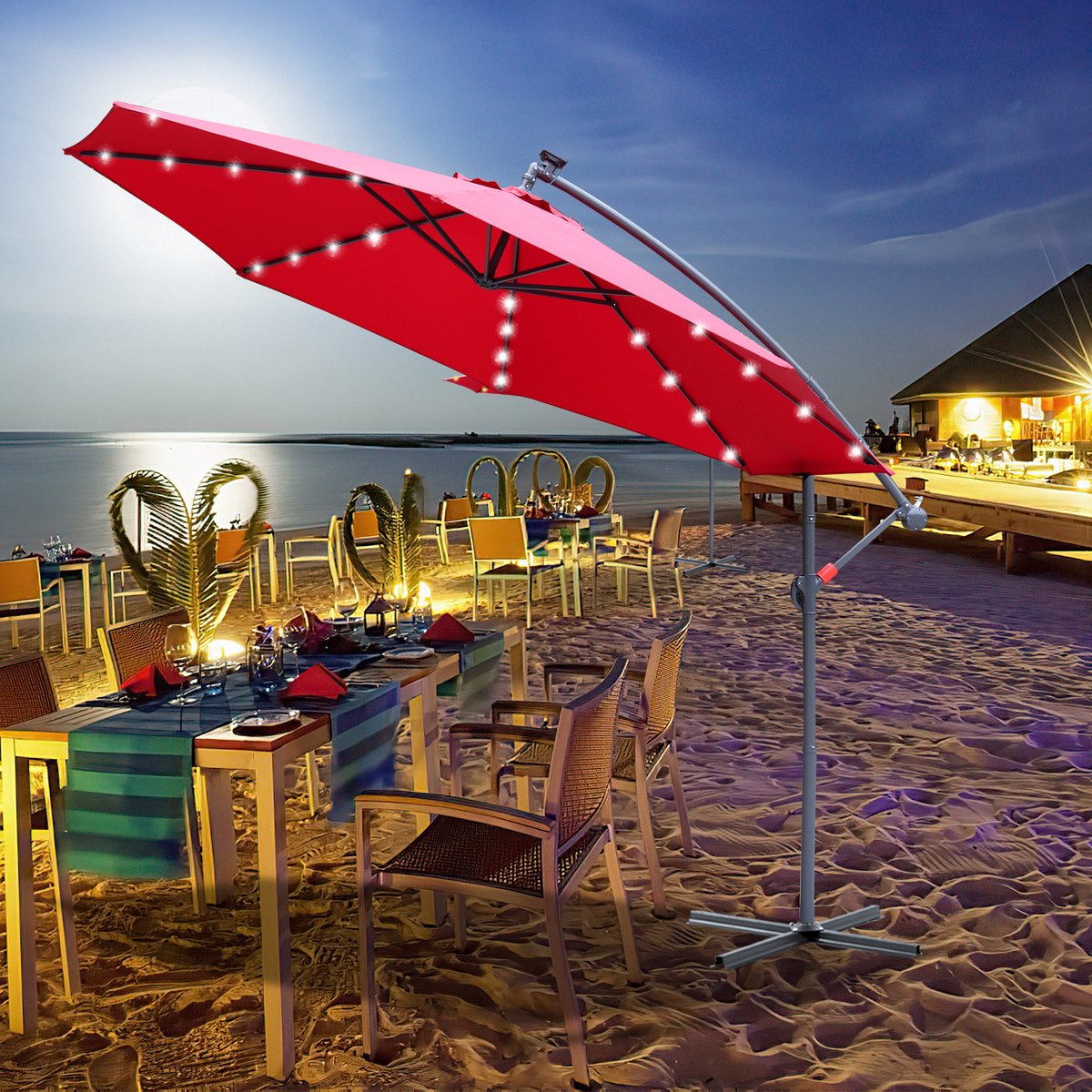 Zweefparasol - Strandparasols - Balkonparasols - Solar LED parasol Waterdicht - Parasol - Parasols - Ø 300cm - 3m - Tuinparasol - Zonne-energie - Rood- Draai- en Kantelbaar - 360° draaibaar - Duurzame Zweefparasol - Met voet – foto 4