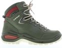 Groene halfhoge wandelschoen met bruine veters, rode accenten en een witte zool.