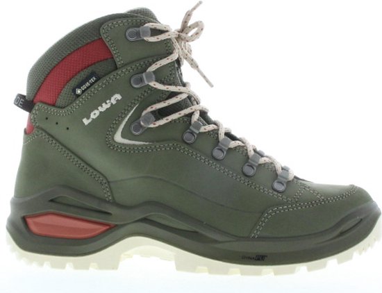 Groene halfhoge wandelschoen met bruine veters, rode accenten en een witte zool.