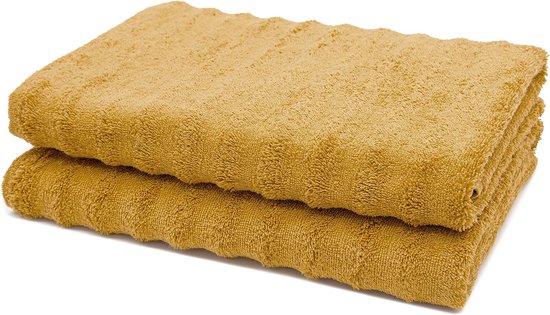 Set van 2 badhanddoeken met geweven, 100% katoen, 70 x 140 cm, mosterdgeel