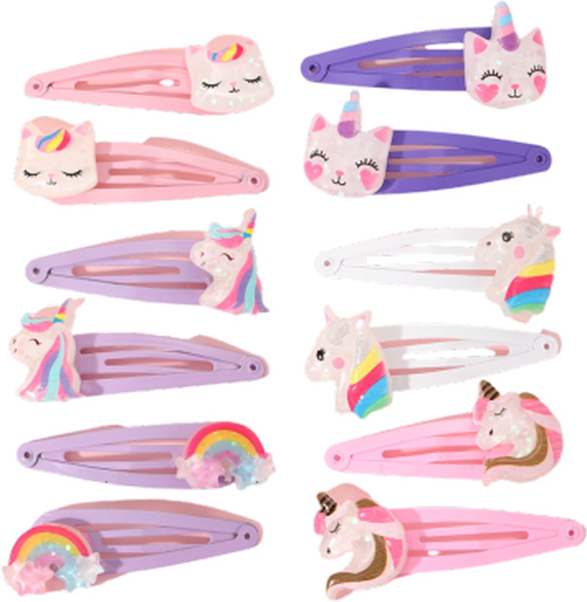 12 Stuks - Meisjes Haarspeldjes - Haarclipjes Unicorn Poes Rainbow