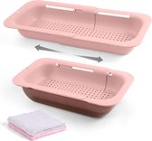 2-in-1 verstelbaar keukenopbergrek, reinigingsmand, BPA-vrij, dubbellaagse zeef, komzeef, 34-48 cm, zeef, uittrekbaar, keukenzeefmand boven de gootsteen, met 2 handdoeken (roze)
