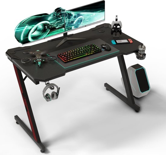 TRIUMPHKEY Gaming Desk 120x60cm - Ergonomisch Computer Bureau met koolstofvezel oppervlak - Z-vormige moderne Cool zwart - hoofdtelefoon haak bekerhouder