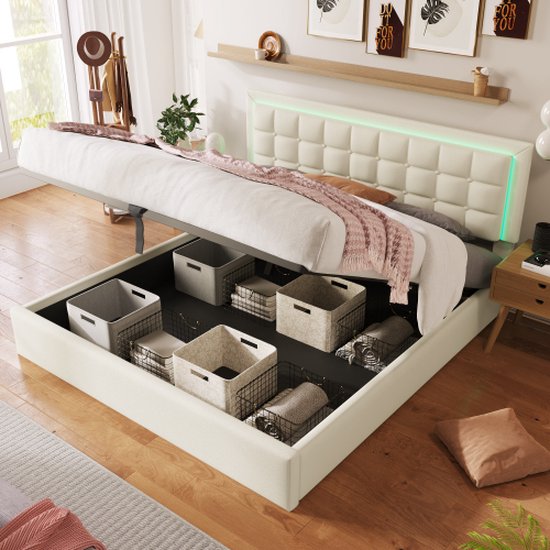 Gestoffeerd bed met lattenbodem en opbergruimte, tweepersoonsbed inclusief LED-verlichtingsstrip, bedframe 140x200cm, opbergruimte bed, functionele bedovertrek van wit kunstleer