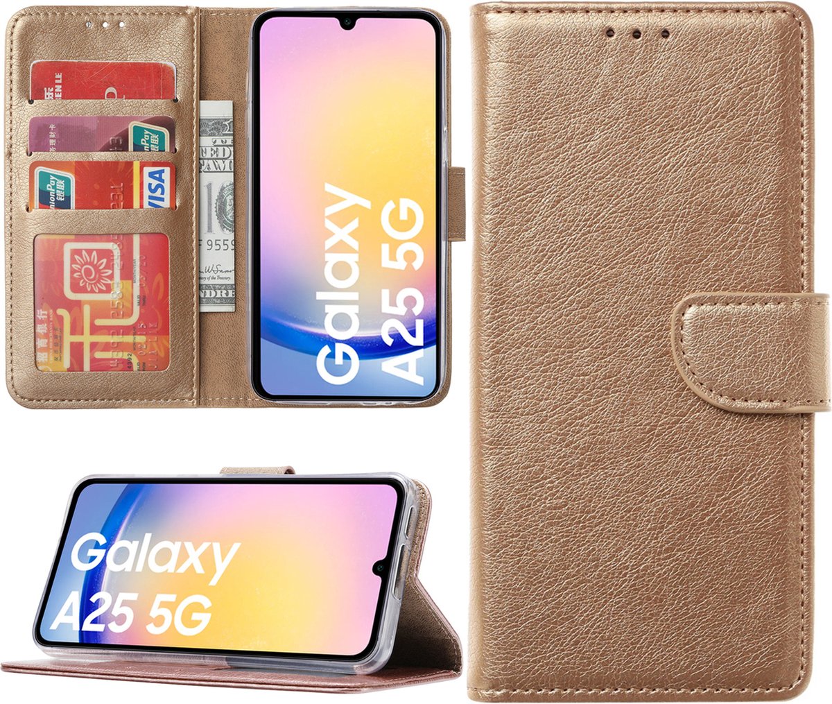 Arara Hoesje geschikt voor Samsung Galaxy A25 hoesje - Bookcase met pasjeshouder - Goud