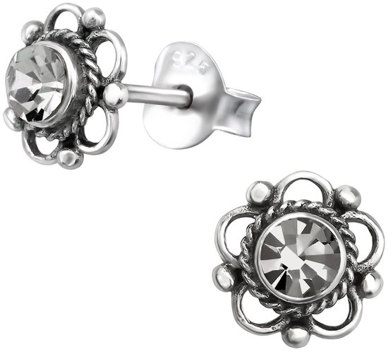 Joy|S - Zilveren Bali bloem oorbellen - 7 mm - antraciet grijs kristal - geoxideerd