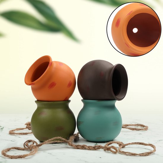 Belle Vous Ceramic Hanging Planter with 4 Pots - Dangling Succulent Flower Box - Multicolored Plant Holders with Jute Rope - Perfect For Indoor and