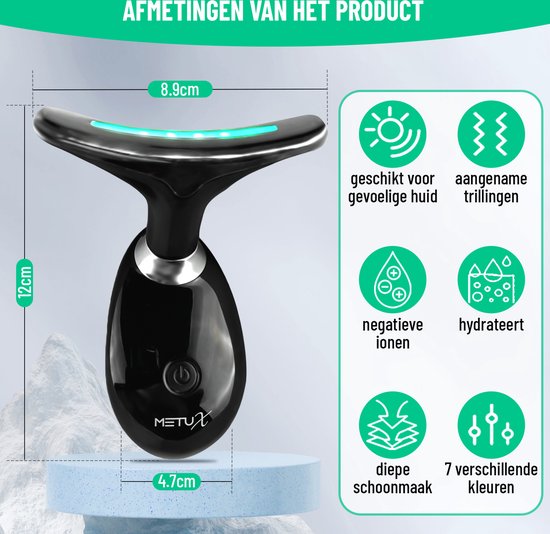 MetuX® Huidverjongingsapparaat – Facelift Apparaat – Huidverjonging – Gezichtsreiniger - Huidverzorging - Huidverjongingsapparaat Gezicht – Rimpel Verwijderaar - Verminderen van Acne, Lijnen, Rimpels - Gezichtsmassage - Nekmassage - 7 LED Technologie