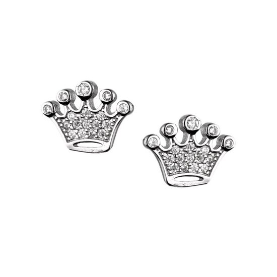 Zilveren Princess Oorsttekers - Oorknopjes met steentjes Zirkonia - Prinses Kroon Oorstekers Met Zirkonia - Amona Jewelry