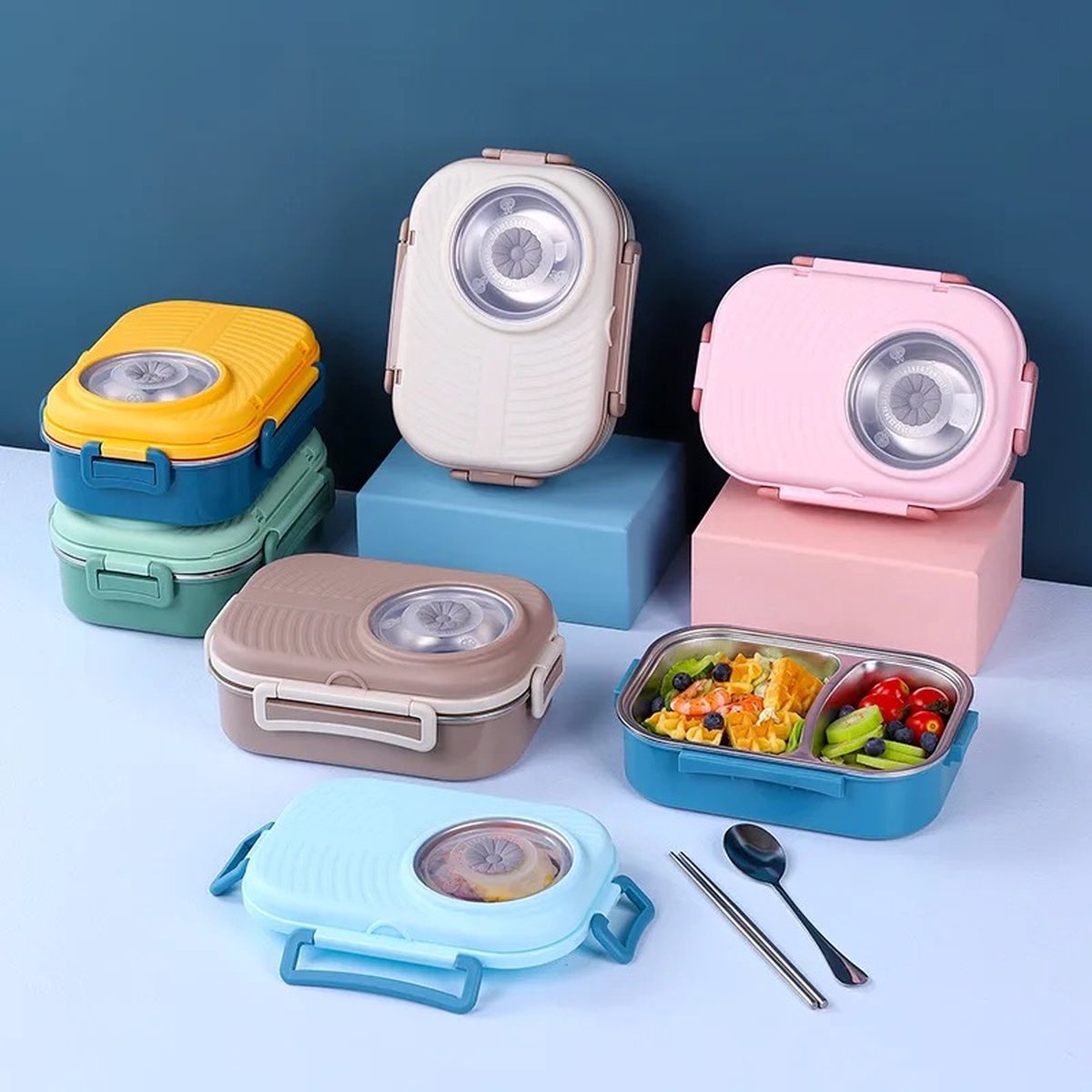 Lunchbox van roestvrijstaal 3 compartimenten - bruin