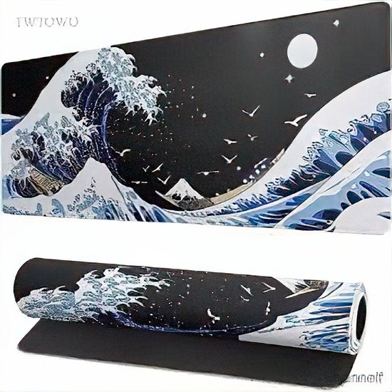 Tapis De Souris XXL 800x300 Mm – Imperméable, Antidérapant – Motif Vague Japonaise – Noir