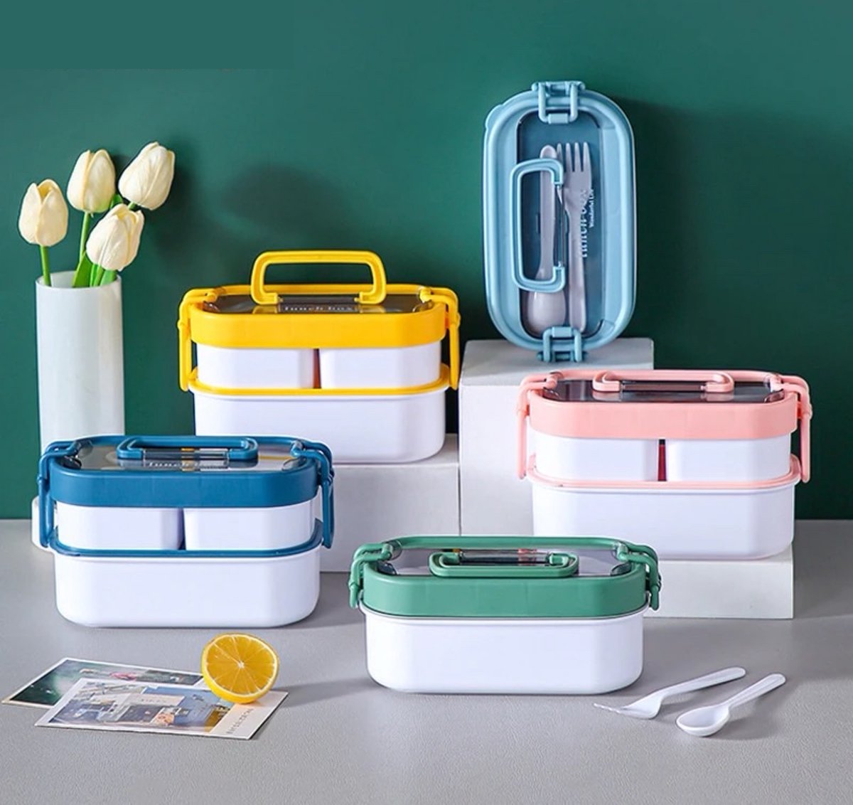 Lunchbox 3 compartimenten met bestek - donkerblauw