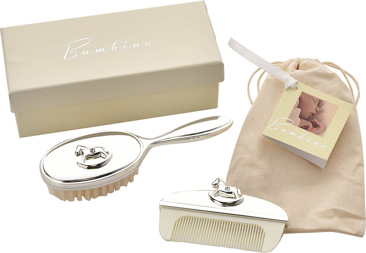 Bambino - Verzilverd baby kado - Borstel- en Kamset met Hobbelpaard Icoon - Silver Plated - babycadeau -doop - geboorte - Zilver - Baby Gift - kaptafel set