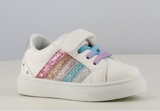 Meisjes sneakers - lage zomer schoenen - wit met regenboog strepen en gekleurde linten - klittenband sluiting - maat 27