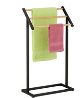 Relaxdays handdoekenrek staand - 3 stangen - metalen handdoekstandaard - bamboe - badkamer