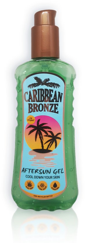 Groene aftersun gel fles met pompsysteem. Label met palmbomen en zonsondergang. "CARIBBEAN BRONZE AFTER SUN GEL"