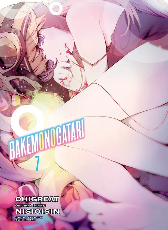 Bakemonogatari 7 manga, met een anime-stijl meisje met blond haar en paarse ogen, gekleed in paars en wit.