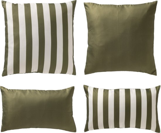 Set van 4 buitenkussens - Streepjes - Olijfgroen - 45x45 cm - 30x50 cm