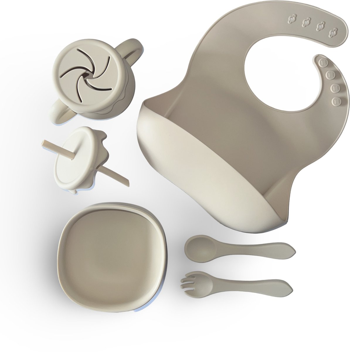 Goedkoopste The Gifter - Siliconen kinderservies beige - set - 5-delig - vork en lepel - kom -slabber - multifunctionele beker
