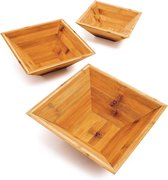 Bamboe schaaltjes set van 3 fruitschalen vierkant verschillende groottes stapelbaar voor gebak natuur Schalen set