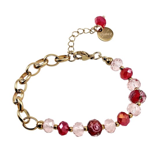 Armband Dames - Verguld RVS - Ovale Schakelarmband met Rode Kristallen en Murano Glaskralen - Verstelbaar