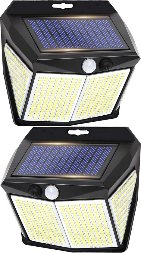 Lampe Solar d'extérieur AGM - Set de 2 - Détecteur de mouvement - 412 LED - Étanche - Capteur extérieur et Jardin - Éclairage extérieur extérieur à énergie solaire - Zwart