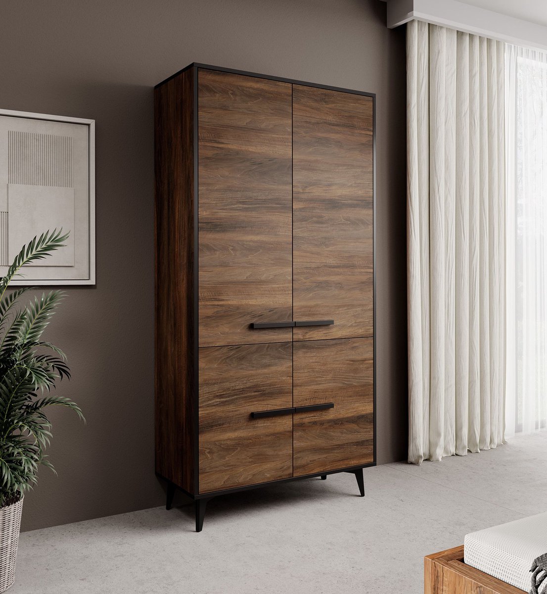 MEUBELLA Kledingkast Frey - Donker eiken - Zwart - 92 cm Bruin