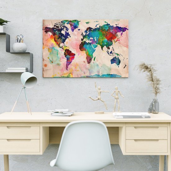 Artaza Peinture sur toile Wereldkaart aquarelle sur un morceau de Papier - 60x40 - Décoration murale - Photo sur toile - Impression sur toile