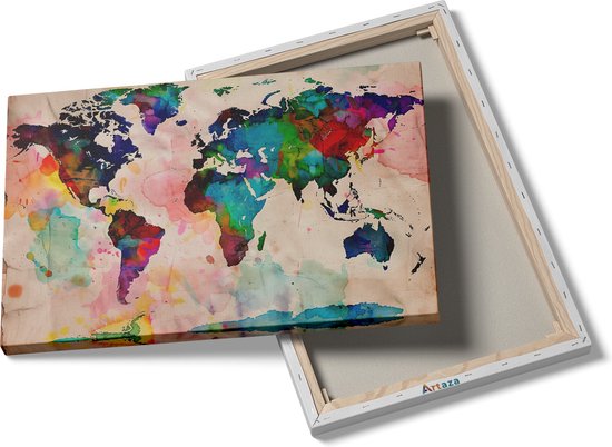 Artaza Peinture sur toile Wereldkaart aquarelle sur un morceau de Papier - 60x40 - Décoration murale - Photo sur toile - Impression sur toile