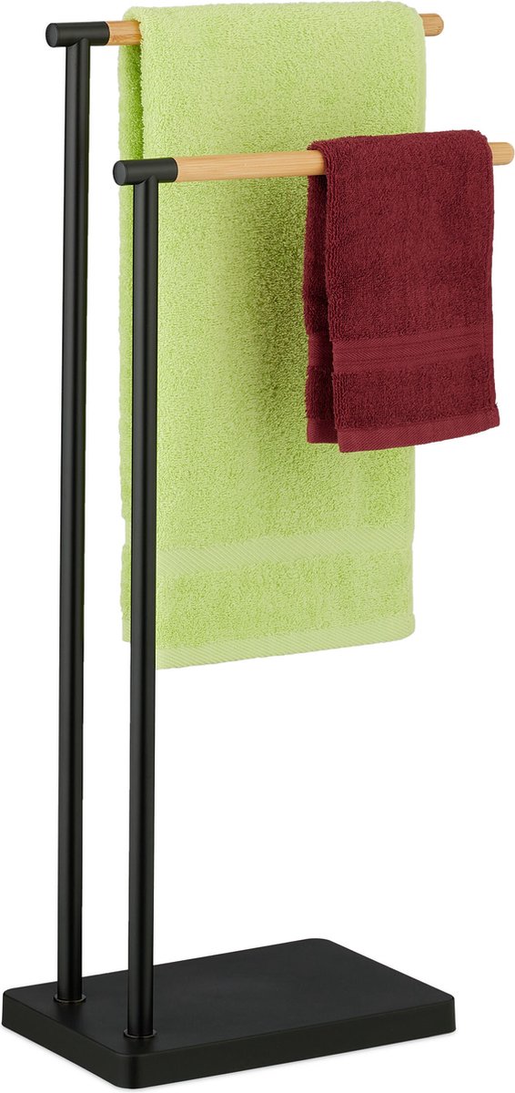 Relaxdays handdoekrek staand - rvs - bamboe - handdoekhouder 2 stangen - vrijstaand