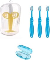 Sanitral - Baby's complete eerste tandenborstelset, blauw, 0-2 jaar, set van 3, baby-banaan-bijtring met etui, BPA-vrij, babyvinger-siliconentandenborstel, blauw, 3-pack (0-24 maanden)