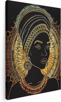 Artaza Canvas Schilderij Afrikaanse Vrouw in een Tulband - 90x120 cm - Wanddecoratie Woonkamer - Schilderijen - Muurdecoratie