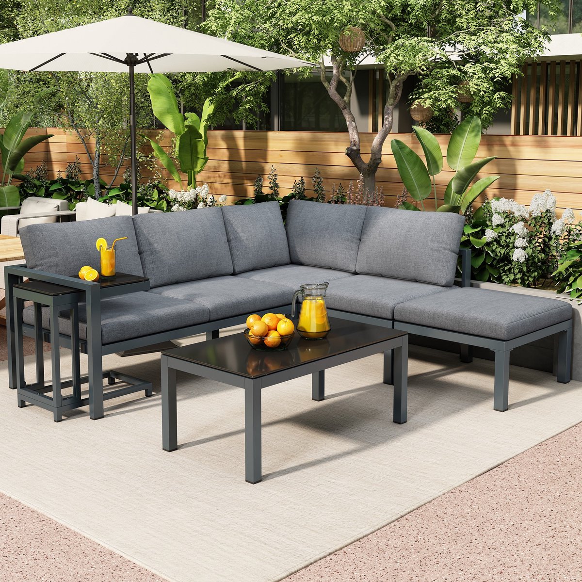 Sweiko Tuin lounge bank salontafel set, hoek lounge, 6-8 persoon tuinmeubelen, weerbestendige lounge meubels, outdoor aluminium hoek tuinmeubelen set, grijs, inclusief alle matten