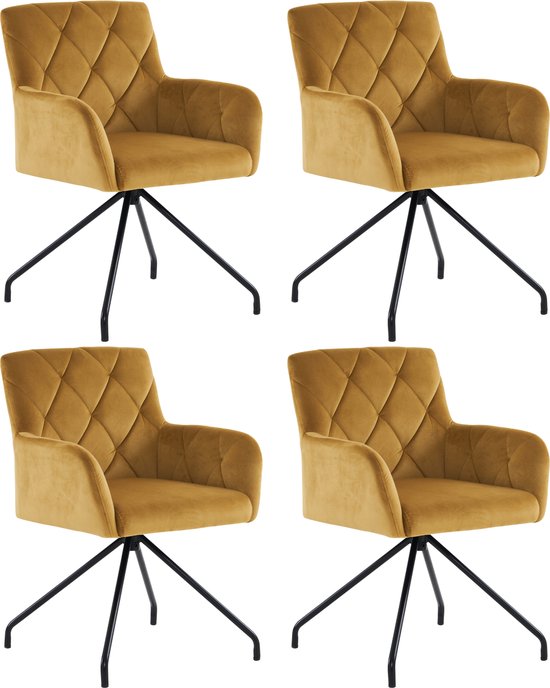 Set van 4 eetkamerstoelen met ruitpatroon, gestoffeerde fauteuil met 4 metalen poten, moderne loungestoel, stoel voor woonkamer, slaapkamer, studeerkamer en bureau, gemaakt van spons en fluweel, geel