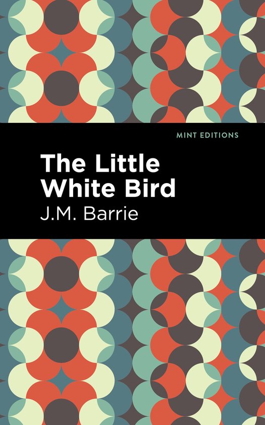 Boek kaft met geometrisch patroon in rood, groen en grijs, met de titel 'The Little White Bird' en auteur J.M. Barrie.