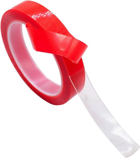 Dubbelzijdige, transparante plakband rol met rode beschermfolie, 7mm breed.