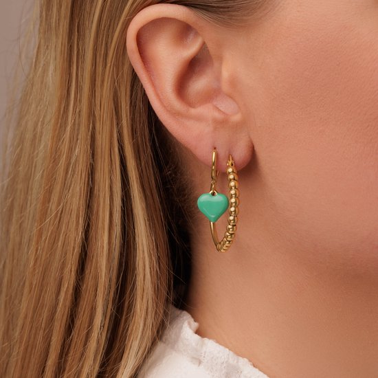 Essenza Petites Boucles D'oreilles Charm Coeur Vert Gold