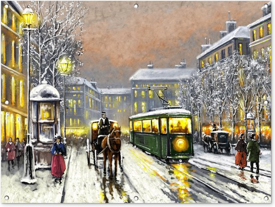 Schilderij - Winter - Tram - Paard - Stad - Olieverf - Tuindoek